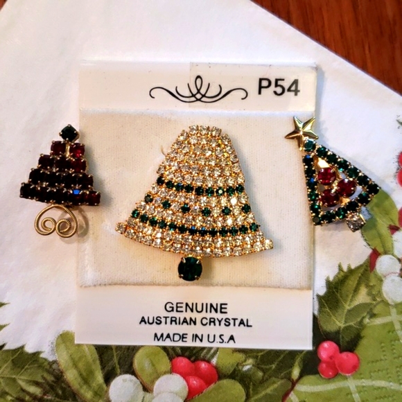 Vintage Jewelry - Vintage 3 Rhinestone Christmas Bell and Tree Brooches Pins EUC
